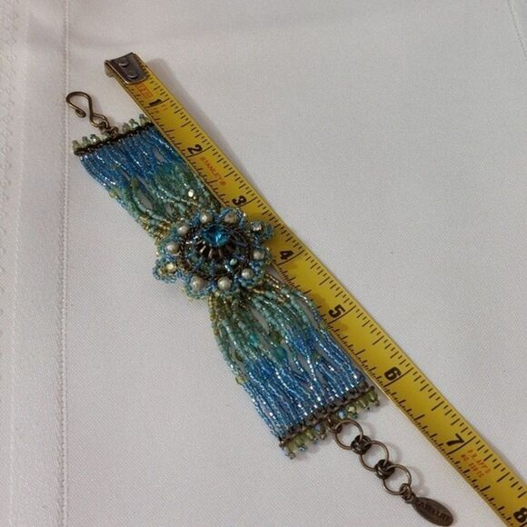 Vintage Satellite Paris Blue Green Beadwork Bracelet with Hook and Loop Clasp - Picture 6 of 6